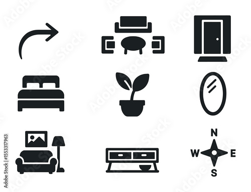 Feng Shui Icons Grid. Solid, filled icons set of feng shui-inspired furniture placement: energy flow arrow,