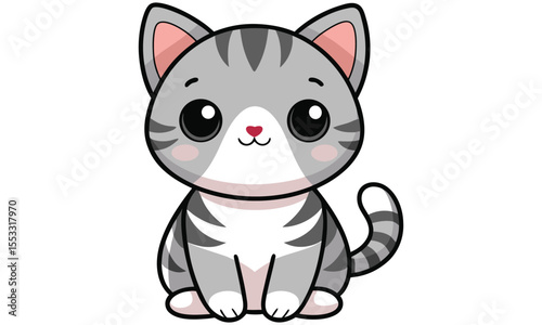 Adorable kawaii style cartoon tabby cat sitting with big expressive eyes and pink cheeks perfect for childrens books and cute animal graphics