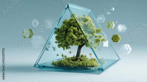 Abstract 3D concept of a tree growing inside a transparent glass pyramid, symbolizing nature preservation and technology.