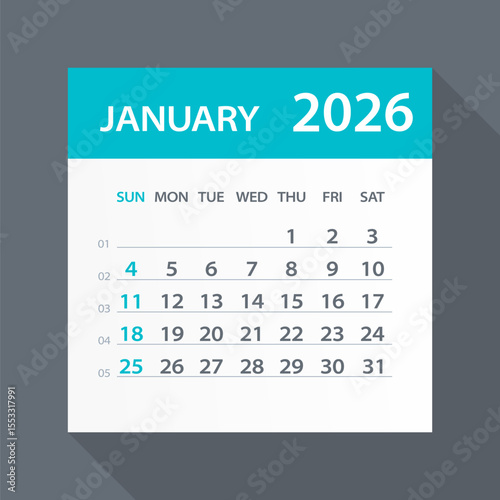 January 2026 Calendar Green Leaf - Vector Illustration