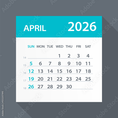 April 2026 Calendar Green Leaf - Vector Illustration