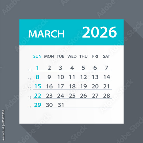 March 2026 Calendar Green Leaf - Vector Illustration