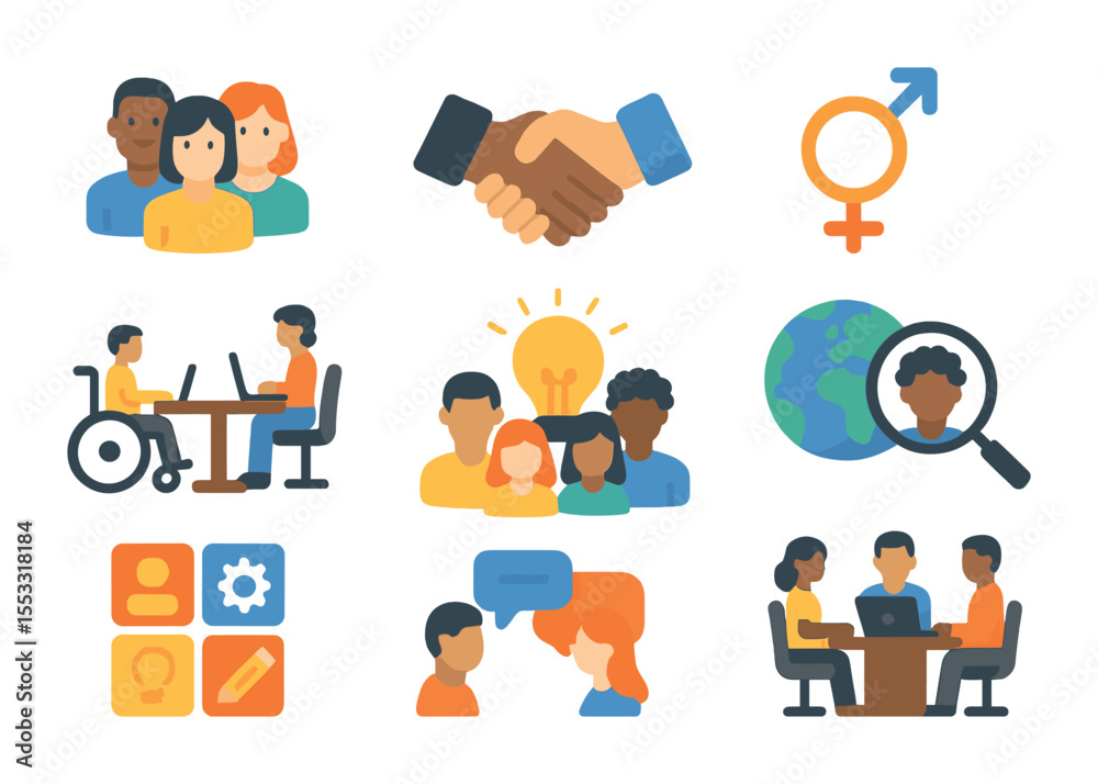 Fototapeta premium Diverse Team Icons. Flat icon set of building diverse teams: multicultural group, handshake, gender equality,