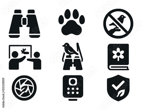 Wildlife Tourism Icons. Solid, filled icons set of wildlife-friendly tourism: binoculars, animal paw print, no