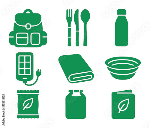 Eco Travel Essentials. Solid, filled icons set of green travel gear essentials: eco backpack, bamboo utensils,