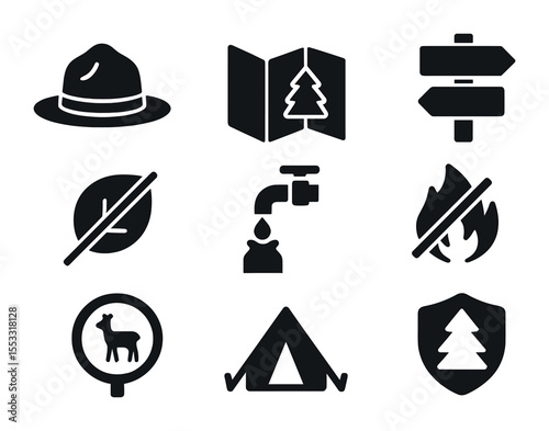 National Park Icons. Solid, filled icons set of national park eco visits: ranger hat, park map, trail sign,