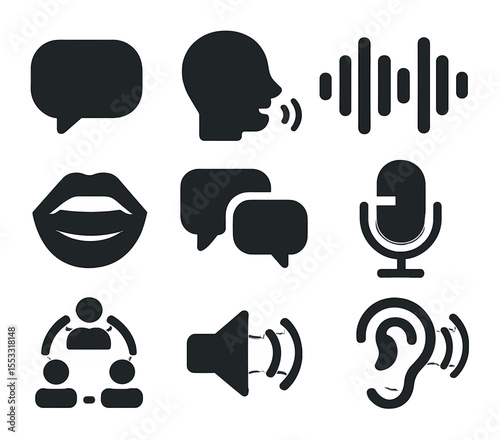 Verbal Communication Icons. Solid, filled icons set of verbal communication: speech bubble, talking head,