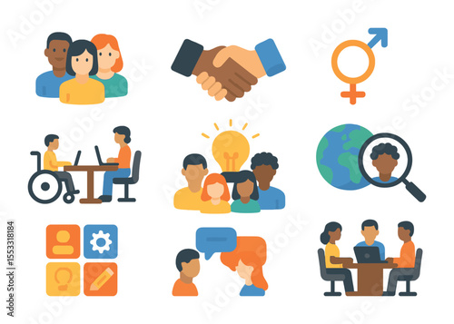Diverse Team Icons. Flat icon set of building diverse teams: multicultural group, handshake, gender equality,