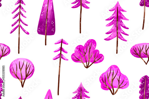 Seamless pattern of pink trees, watercolor background