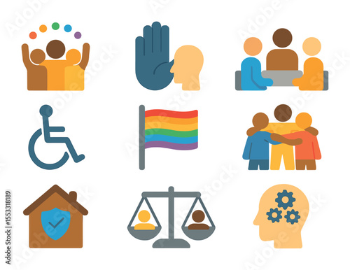 Inclusive Workplace Icons. Flat icon set of inclusive workplace culture: diversity celebration, respect symbol