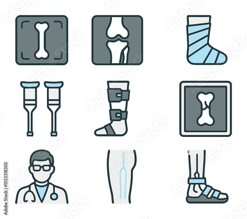 Orthopedic Icons Grid. Flat icon set of orthopedic diagnostics: bone X-ray, knee joint image, orthopedic cast,