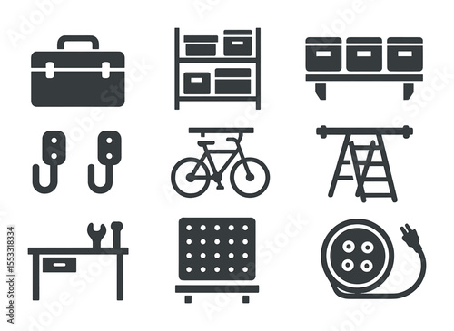 Garage Icons Grid. Flat icon set of garage organization: toolbox, storage shelves, labeled bins, wall hooks,