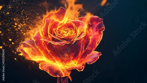 Detailed, fiery rose with orange flames licking at the petals on black background