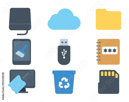 Digital Organization Icons. Flat icon set of digital organization: external hard drive, cloud icon, file