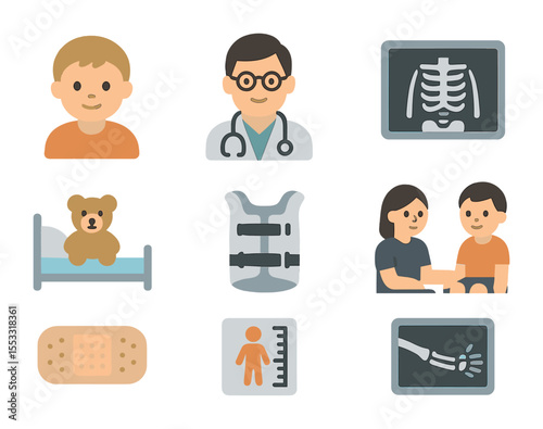 Pediatric Care Icon Set. Flat icon set of pediatric imaging and care: child patient, pediatrician, small X-ray