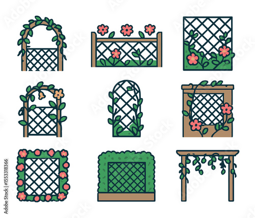 Aesthetic Trellis Icons. Flat icon set of aesthetic trellis decor: vine arch, blooming fence, floral screen,