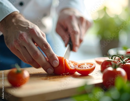 Chef cutting fresh tomatoes on a wooden cutting board in a brightly lit kitchen preparing ingredients with a knife