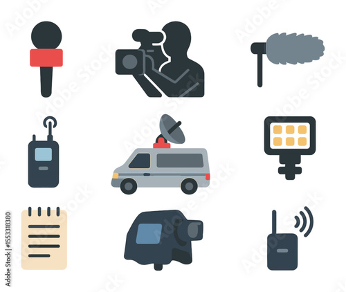 Field Reporting Essentials. Flat icon set of field reporting essentials: handheld mic, camera operator,