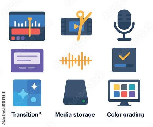 News Production Icons. Flat icon set of news editing and post-production: video timeline, clip trimmer,
