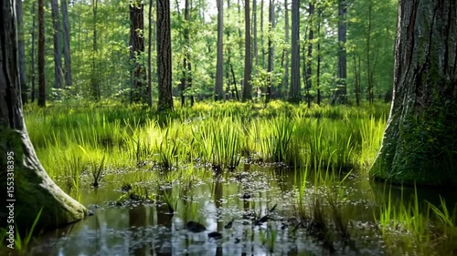 Serene view through trees, water, & grass on a forest floor with sunlight shining through