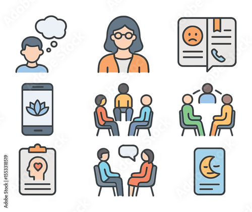Student Mental Health Icons. Flat icon set of mental health support for students: student with thought bubble,