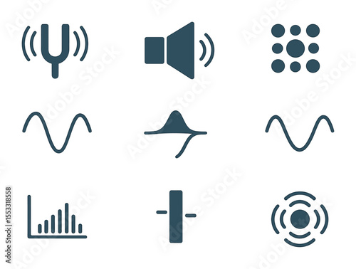 Sound Waves Icon Set. Flat icon set of how sound waves are created: vibrating tuning fork, speaker cone, air