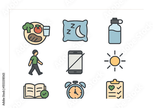 Healthy Habits Icons. Flat icon set of healthy daily habits: balanced meal, regular sleep, hydration bottle,