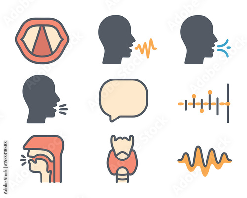 Voice Sound Icons. Flat icon set of human voice and sound creation: vocal cords, sound wave from mouth, breath