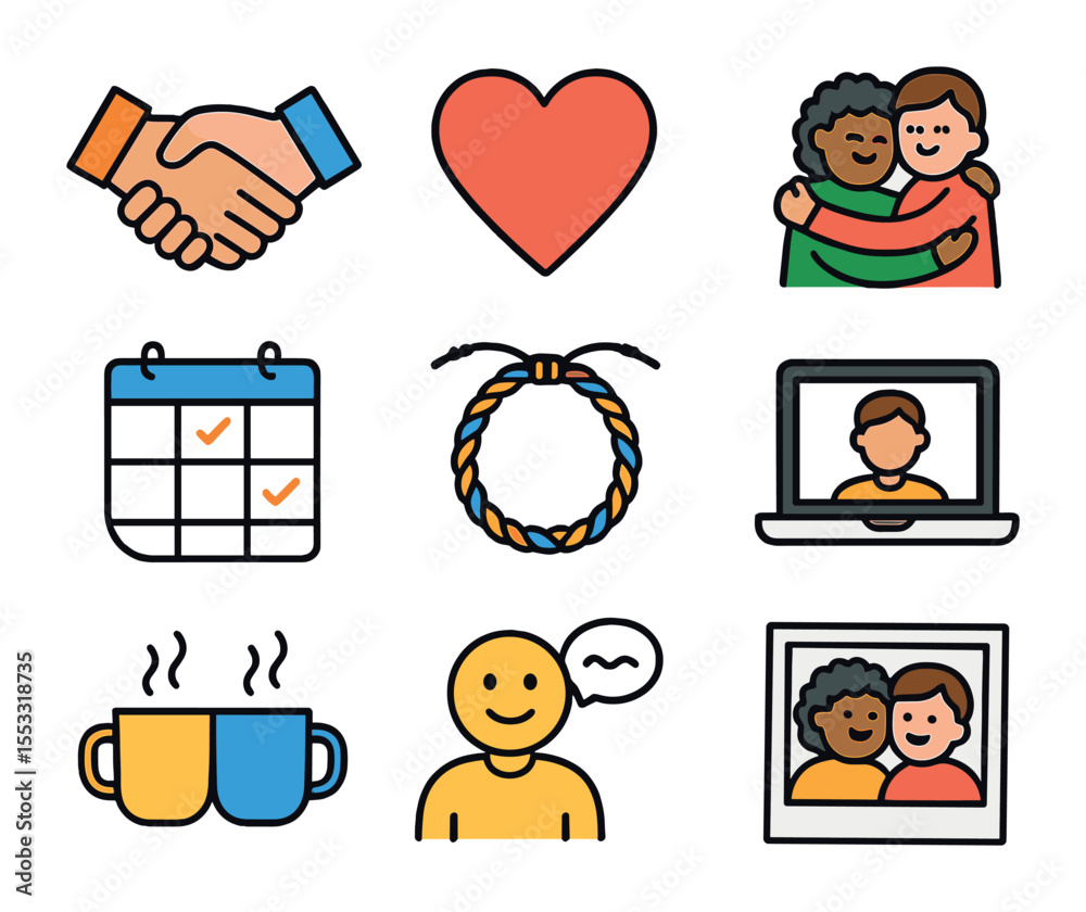 Fototapeta premium Friendship Icons Grid. Flat icon set of building and maintaining strong friendships: handshake, heart emoji,
