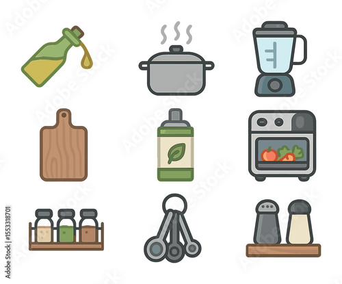 Wellness Cooking Icons. Flat icon set of cooking for wellness: olive oil drizzle, steam pot, blender, air