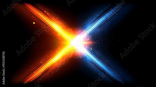 Abstract intersecting light streaks of orange and blue, sparks at center, black backdrop