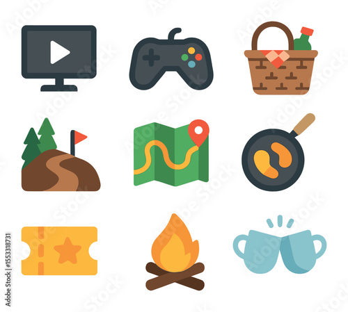 Quality Time Icons. Flat icon set of quality time with friends: movie night, game controller, picnic basket,