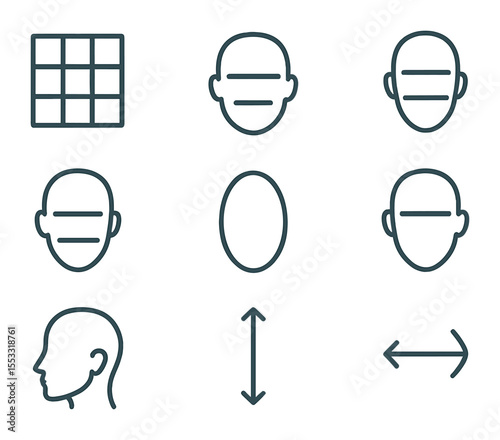 Facial Proportions Icons. Flat icon set of facial proportions and guides: rule of thirds grid, eye line, nose