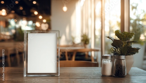 A clear acrylic frame with blank white paper inside, placed on an empty table in the foreground of an elegant restaurant setting. The background features wooden tables and chairs.