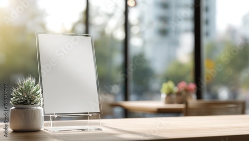 Photo of a blank menu holder on an empty table in front view, with the background blurred to emphasize its design and details. The focus is on a clear acrylic stand holding up a.