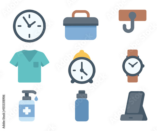 Physician Workday Essentials. Flat icon set of physician workday essentials: clock with shift time, lunchbox,