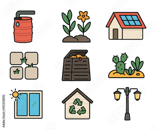 Sustainable Home Icon Set. Flat icon set of sustainable exterior upgrades: rain barrel, native plants, solar