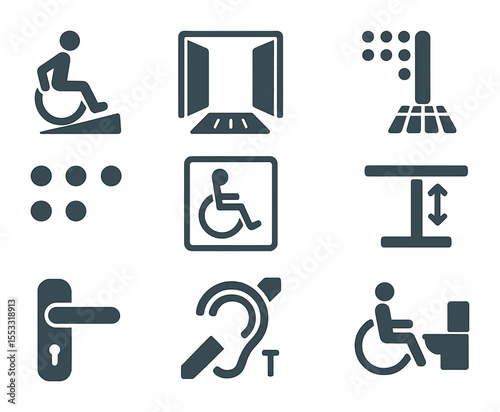 Inclusive Design Icons. Flat icon set of inclusive and accessible design: ramp access, wide doorway, tactile