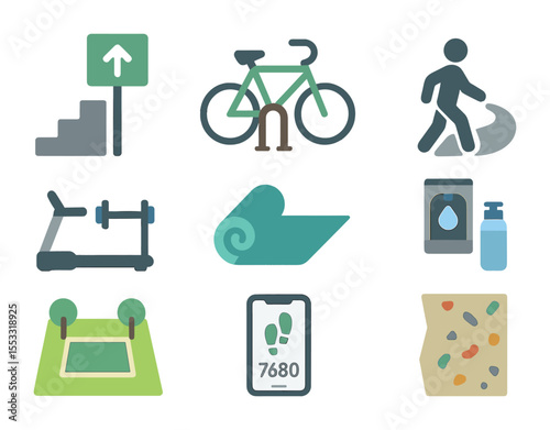 Active Lifestyle Icons. Flat icon set of active lifestyle in building design: stairway with sign, bike storage