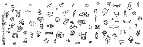 Hand drawn doodle vector set with party, love, school, and nature icons – black SVG elements on transparent background for banners, kids invitations, posters, creative planner designs