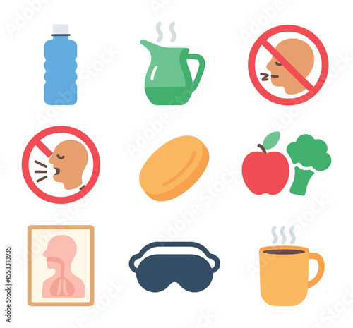 Vocal Health Icons. Flat icon set of vocal health and maintenance: water bottle, steam inhaler, vocal rest