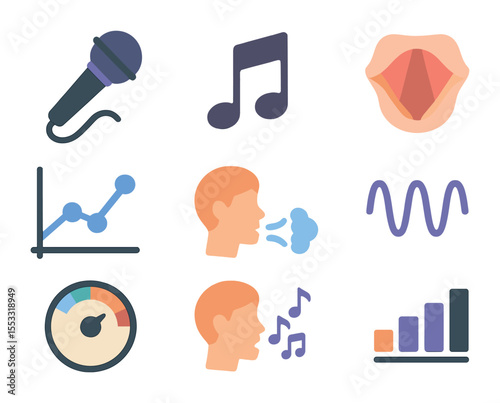 Singing Techniques Icons. Flat icon set of singing and voice modulation techniques: microphone, musical note,