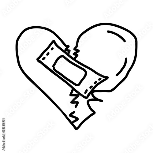Broken heart with bandage in cartoon doodle style – emotional black SVG line icon on transparent background for Valentine’s Day, breakup designs, greeting cards, and therapy blogs