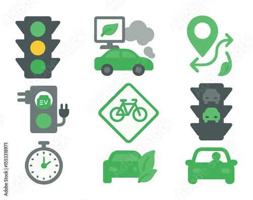 Eco Traffic Icons. Flat icon set of eco-friendly traffic systems: green traffic signal, emissions monitor, eco