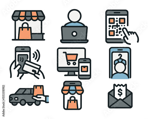Omni-Channel Shopping Icons. Flat icon set of omni-channel shopping behavior: in-store pickup, online browsing
