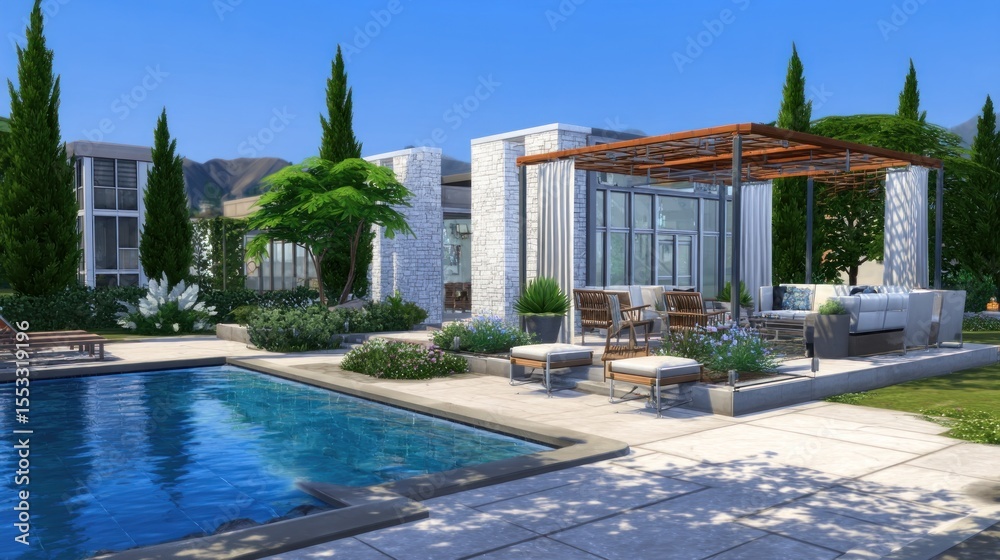 Fototapeta premium Modern luxury home exterior with pool and patio