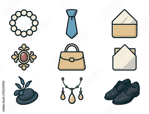 Formal Accessories Icons. Flat icon set of formal accessories: pearl bracelet, gold ring, silk tie, brooch,