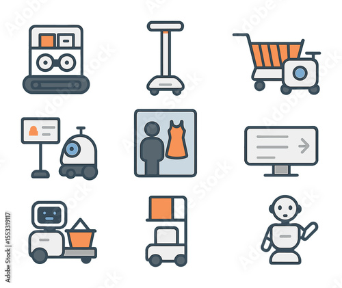 Autonomous Retail Bot Icons. Flat icon set of autonomous retail helpers: inventory bot, robotic shelf scanner,