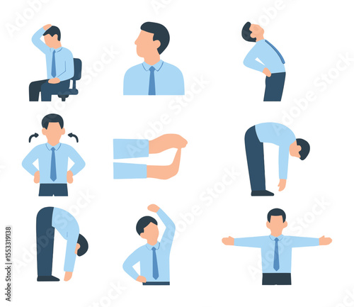 Work Break Stretch Icons. Flat icon set of taking a break from work to stretch: seated stretch, neck roll,