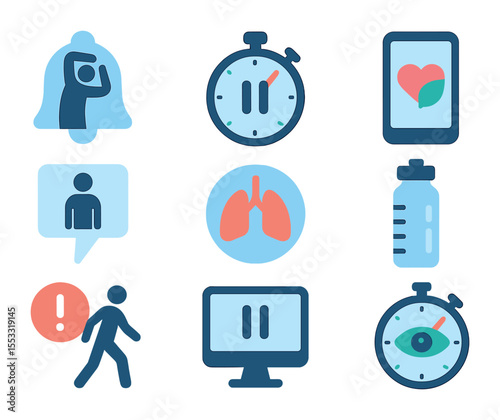 Digital Wellness Icons. Flat icon set of digital break time helpers: stretch alert icon, pause timer, wellness